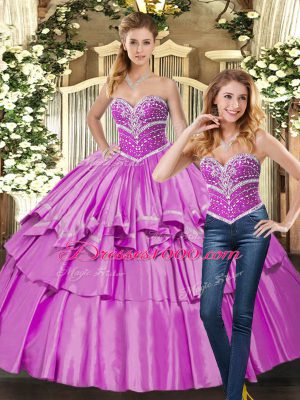 Modern Lilac Taffeta Lace Up Sweet 16 Dresses Sleeveless Floor Length Beading