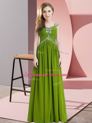 Lovely Cap Sleeves Chiffon Floor Length Lace Up Homecoming Dress in Olive Green with Beading