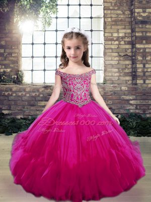 Beautiful Fuchsia Ball Gowns Tulle Off The Shoulder Sleeveless Beading Floor Length Lace Up Girls Pageant Dresses