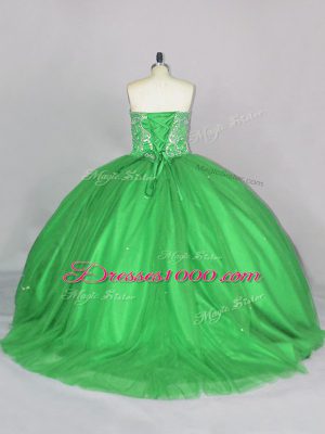 Tulle Lace Up Sweetheart Sleeveless Quince Ball Gowns Brush Train Beading