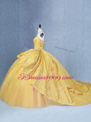 Gold Sweetheart Neckline Beading and Appliques Vestidos de Quinceanera Sleeveless Lace Up