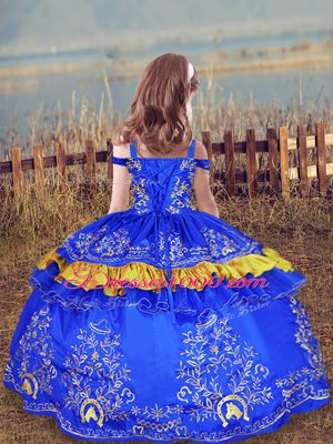 Great Baby Blue Satin Lace Up Off The Shoulder Sleeveless Floor Length Girls Pageant Dresses Beading and Embroidery