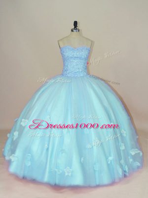 Glorious Aqua Blue Lace Up Sweetheart Beading and Hand Made Flower Sweet 16 Dress Tulle Sleeveless