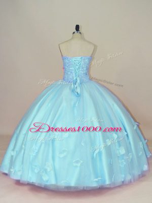 Glorious Aqua Blue Lace Up Sweetheart Beading and Hand Made Flower Sweet 16 Dress Tulle Sleeveless