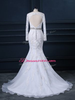 Deluxe White Mermaid Organza V-neck Long Sleeves Beading and Lace Backless Wedding Dresses Brush Train