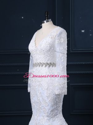 Deluxe White Mermaid Organza V-neck Long Sleeves Beading and Lace Backless Wedding Dresses Brush Train