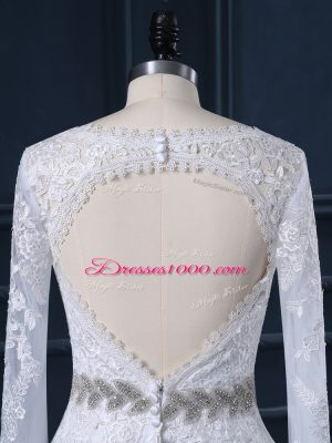 Deluxe White Mermaid Organza V-neck Long Sleeves Beading and Lace Backless Wedding Dresses Brush Train