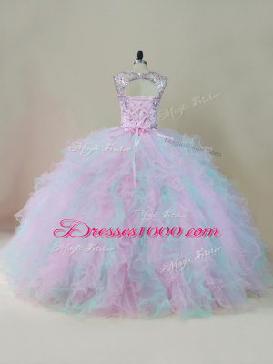 Floor Length Lace Up 15 Quinceanera Dress Multi-color for Sweet 16 and Quinceanera with Beading and Ruffles