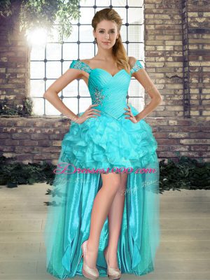 Amazing Aqua Blue Sleeveless Organza Lace Up Pageant Dress for Prom and Party