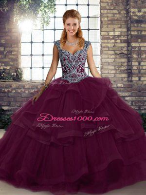 Comfortable Tulle Straps Sleeveless Lace Up Beading and Ruffles 15th Birthday Dress in Dark Purple