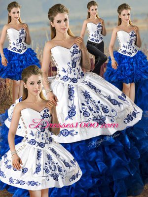 Enchanting Organza Sweetheart Sleeveless Lace Up Embroidery and Ruffles Sweet 16 Dress in Blue And White