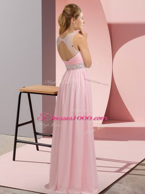 Blue Chiffon Backless Prom Party Dress Sleeveless Floor Length Beading