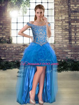 Blue Sleeveless Brush Train Beading and Ruffles 15th Birthday Dress