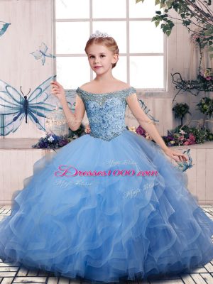 Beading and Ruffles Party Dress for Toddlers Blue Lace Up Sleeveless Floor Length