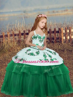 Dark Green Ball Gowns Straps Sleeveless Tulle Floor Length Lace Up Embroidery Pageant Dress for Teens