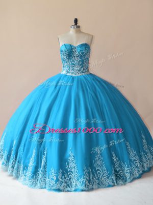 Custom Fit Tulle Sweetheart Sleeveless Lace Up Embroidery Ball Gown Prom Dress in Baby Blue