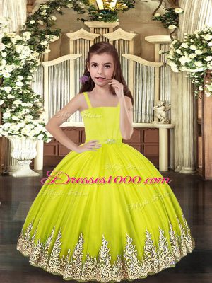 Hot Sale Sleeveless Tulle Floor Length Lace Up Little Girls Pageant Gowns in Yellow Green with Embroidery