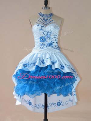 Low Price Halter Top Sleeveless Lace Up Party Dresses Blue Satin and Organza