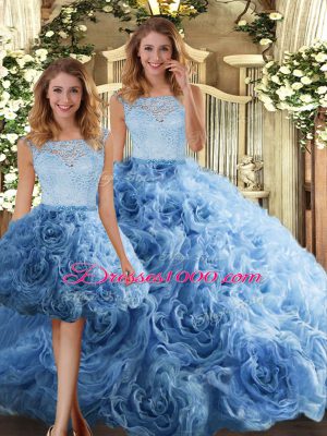 Elegant Baby Blue Fabric With Rolling Flowers Zipper Quinceanera Dress Sleeveless Floor Length Lace