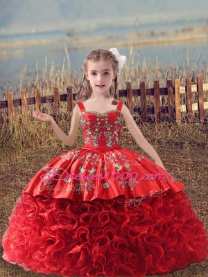 Sweep Train Ball Gowns Little Girl Pageant Dress Red Straps Fabric With Rolling Flowers Sleeveless Lace Up