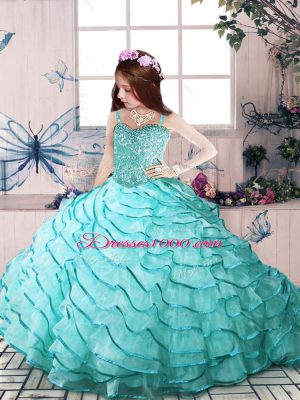Aqua Blue Sleeveless Organza Lace Up High School Pageant Dress for Party and Sweet 16 and Wedding Party