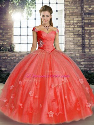 Unique Off The Shoulder Sleeveless Tulle Quinceanera Gown Beading and Appliques Lace Up