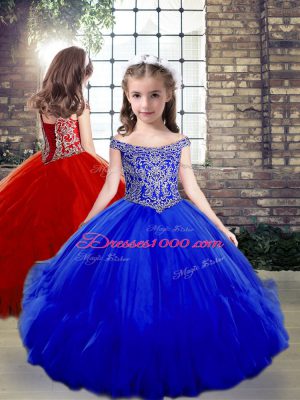 Wonderful Royal Blue Off The Shoulder Neckline Beading Girls Pageant Dresses Sleeveless Side Zipper