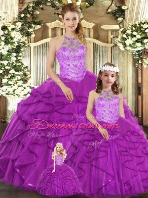 Lovely Purple 15 Quinceanera Dress Sweet 16 and Quinceanera with Beading and Ruffles Halter Top Sleeveless Lace Up