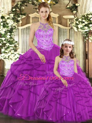 Lovely Purple 15 Quinceanera Dress Sweet 16 and Quinceanera with Beading and Ruffles Halter Top Sleeveless Lace Up