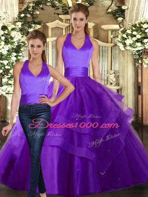 Glorious Purple Lace Up Quinceanera Dresses Ruffled Layers Sleeveless Floor Length