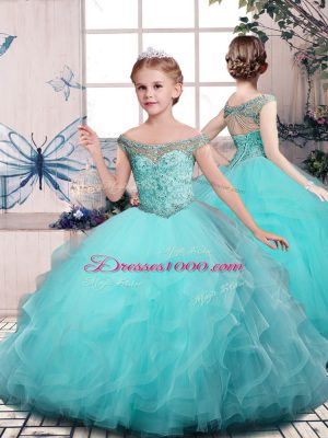 Beauteous Aqua Blue Off The Shoulder Neckline Beading and Ruffles Kids Formal Wear Sleeveless Lace Up