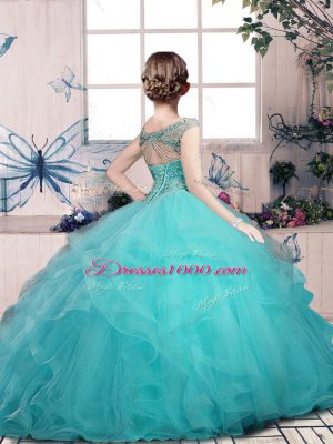 Beauteous Aqua Blue Off The Shoulder Neckline Beading and Ruffles Kids Formal Wear Sleeveless Lace Up