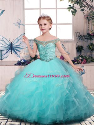 Beauteous Aqua Blue Off The Shoulder Neckline Beading and Ruffles Kids Formal Wear Sleeveless Lace Up