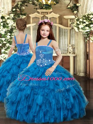 New Style Blue Straps Lace Up Beading Party Dress for Toddlers Sleeveless