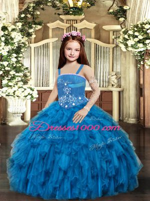 New Style Blue Straps Lace Up Beading Party Dress for Toddlers Sleeveless