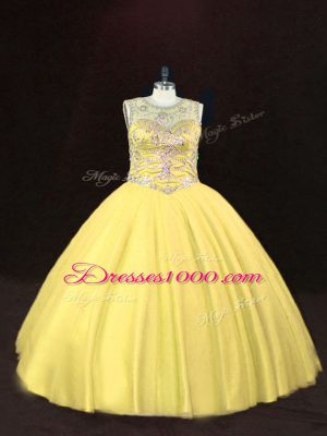 Gold Lace Up Scoop Beading 15th Birthday Dress Tulle Sleeveless