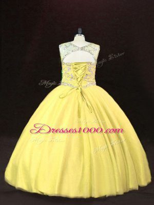 Gold Lace Up Scoop Beading 15th Birthday Dress Tulle Sleeveless