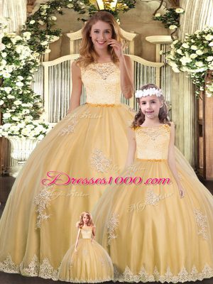 Charming Gold Ball Gowns Lace and Appliques Sweet 16 Dress Clasp Handle Tulle Sleeveless Floor Length