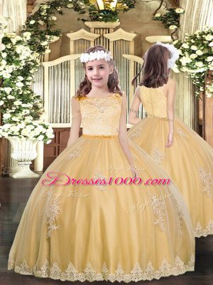 Charming Gold Ball Gowns Lace and Appliques Sweet 16 Dress Clasp Handle Tulle Sleeveless Floor Length