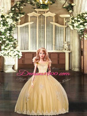 Charming Gold Ball Gowns Lace and Appliques Sweet 16 Dress Clasp Handle Tulle Sleeveless Floor Length