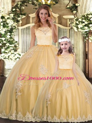 Charming Gold Ball Gowns Lace and Appliques Sweet 16 Dress Clasp Handle Tulle Sleeveless Floor Length