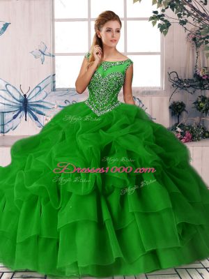 Green Sleeveless Organza Brush Train Zipper Sweet 16 Dress for Military Ball and Sweet 16 and Quinceanera