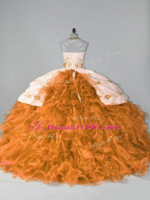 Customized Court Train Ball Gowns Sweet 16 Dress Orange Halter Top Organza Sleeveless Floor Length Lace Up