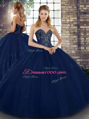 Navy Blue Ball Gowns Sweetheart Sleeveless Tulle Floor Length Lace Up Beading Sweet 16 Dress