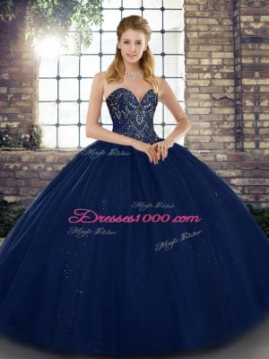 Navy Blue Ball Gowns Sweetheart Sleeveless Tulle Floor Length Lace Up Beading Sweet 16 Dress