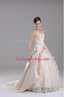 Elegant Champagne Ball Gowns One Shoulder Sleeveless Satin Brush Train Lace Up Embroidery and Hand Made Flower Quinceanera Dresses