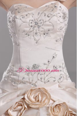 Elegant Champagne Ball Gowns One Shoulder Sleeveless Satin Brush Train Lace Up Embroidery and Hand Made Flower Quinceanera Dresses