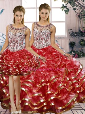 Super Red Sleeveless Beading and Ruffles Floor Length Quince Ball Gowns