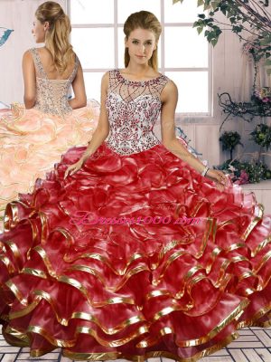 Super Red Sleeveless Beading and Ruffles Floor Length Quince Ball Gowns