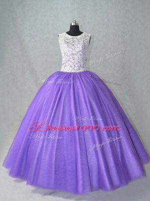 Lavender Tulle Lace Up Quinceanera Dress Sleeveless Floor Length Lace